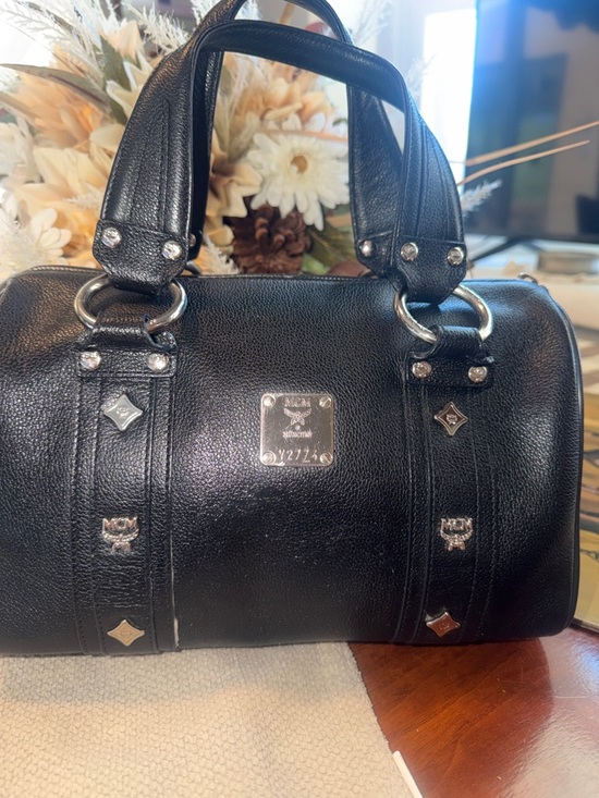 MCM Handbags - MCM Black Leather Boston Satchel with Silver Hardware